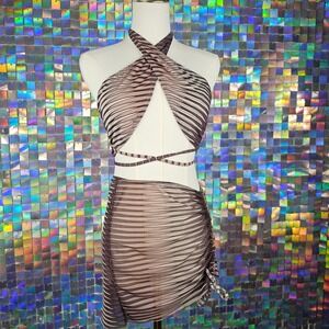 Striped Halter Top,Bikini Bottom, Mini Skirt‎ 3 Peice Set, Clubwear, Festival